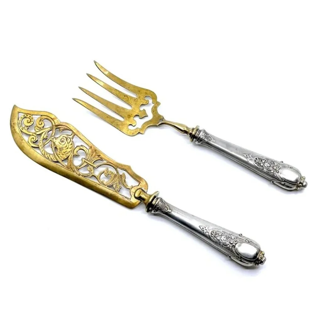 Rare Antq Ornate Motif Fish Dining Serving Set Silver Parcel Gilt Cutlery HTF